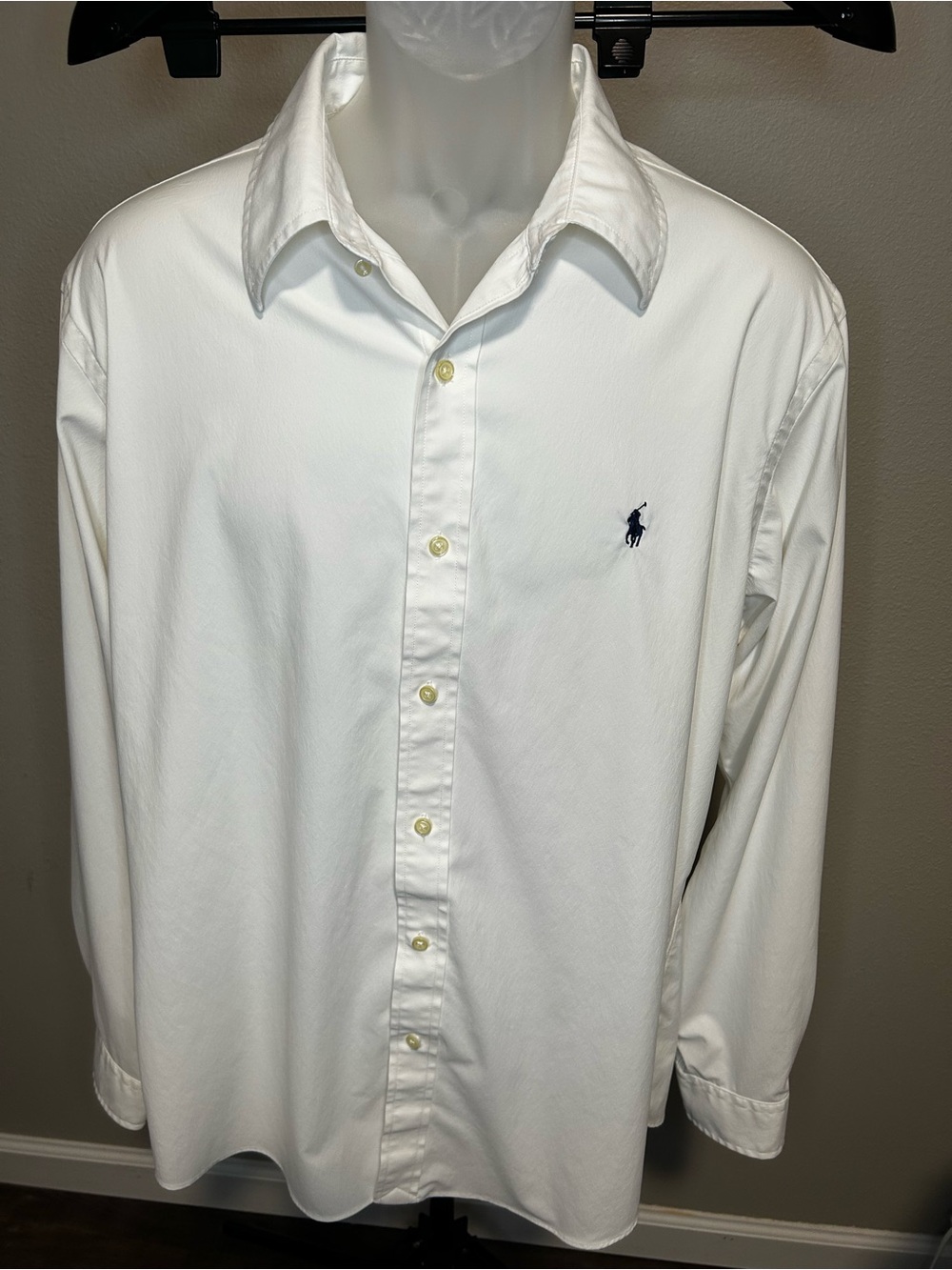 Ralph Lauren White Long-Sleeve Button-Down performance Shirt with Navy Polo Logo